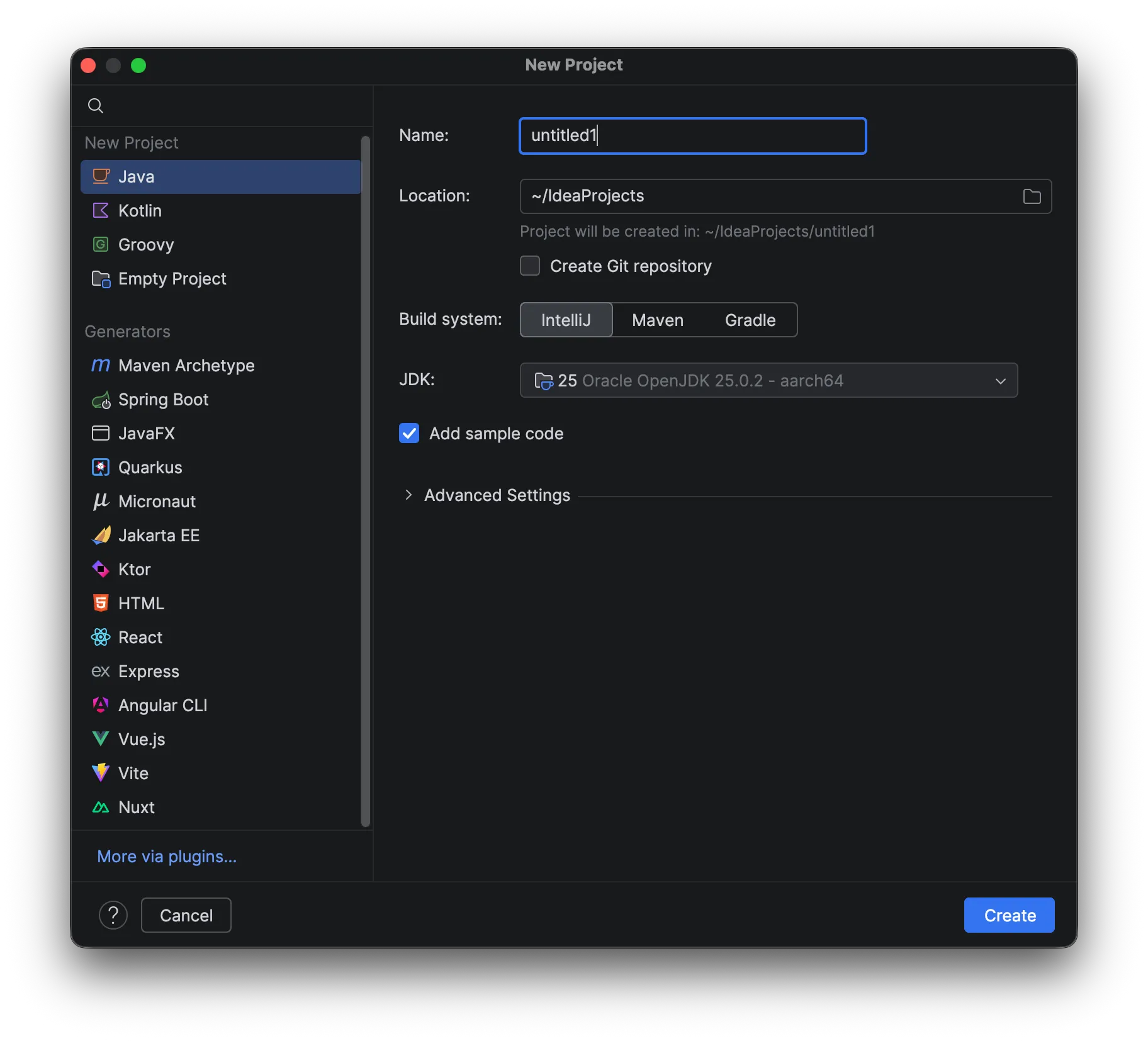 IntelliJ Java new project