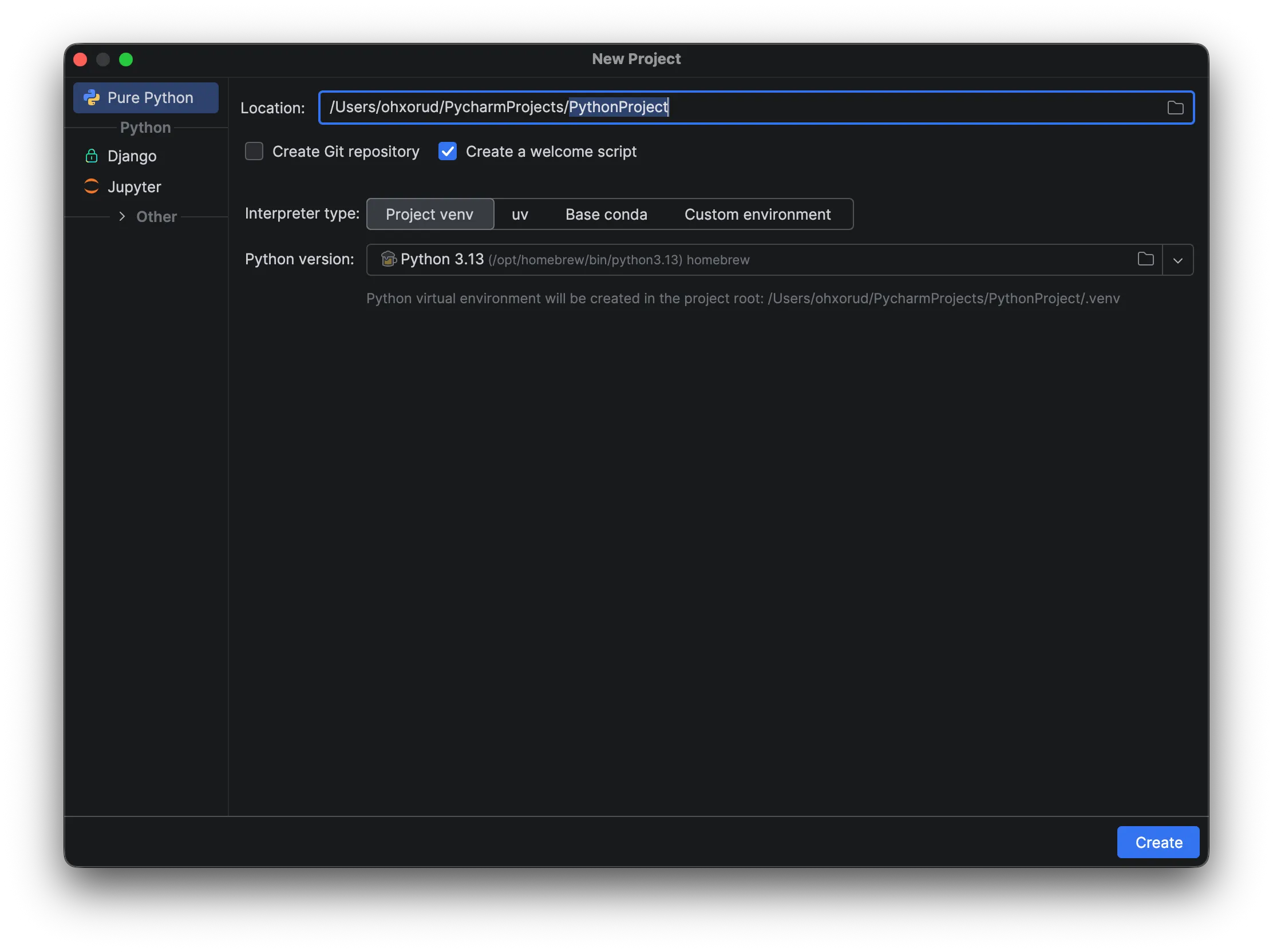 PyCharm new project modal